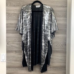 Vintage disco black silver snake print metallic belted shawl blouse cover up